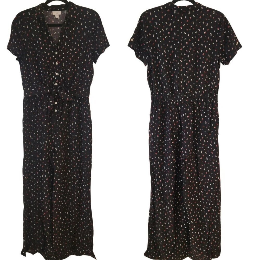 J. Jill Tie Front Black Floral Jumpsuit Casual Comfy Novelty Print Women's S